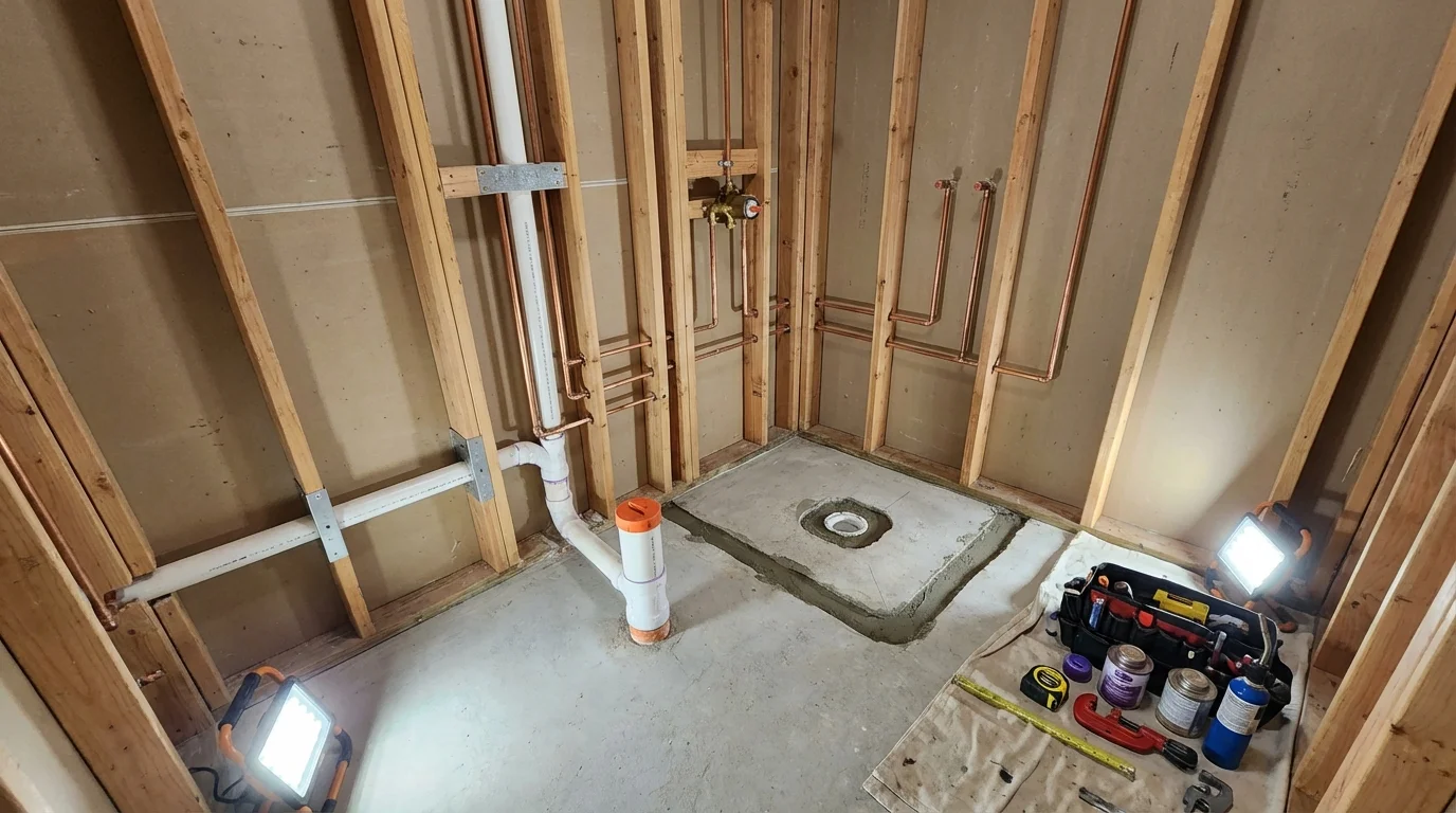 Bathroom rough-in plumbing during remodel by Johns Plumbing LLC in Hitchcock