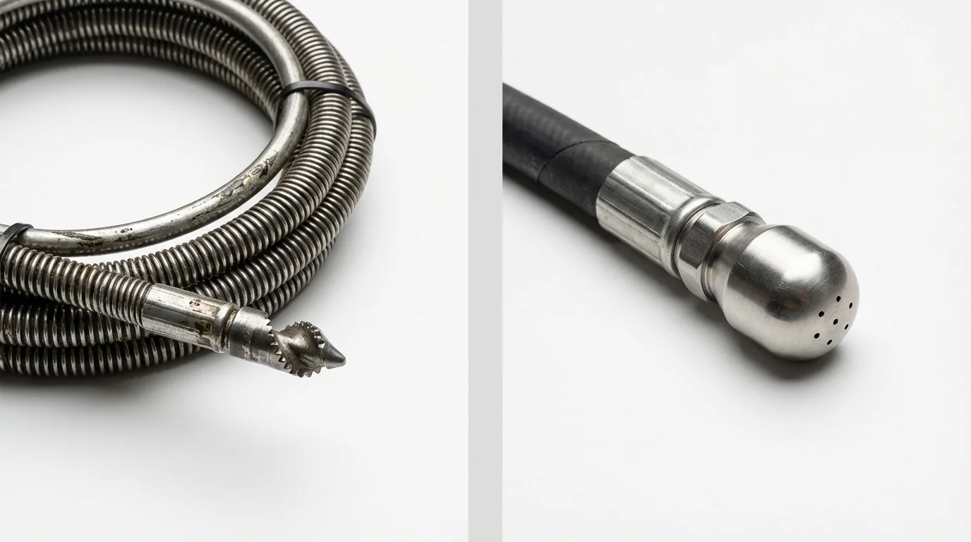 Drain snake cable and hydro jetting nozzle used for drain cleaning in Hitchcock, TX