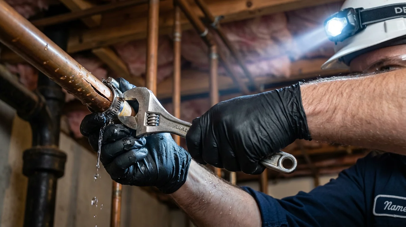 Emergency pipe clamp repair being performed by a Johns Plumbing LLC plumber in Hitchcock