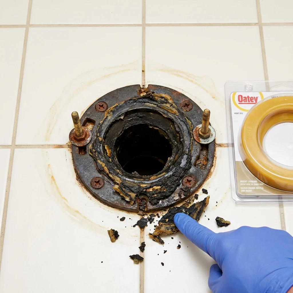 Failed wax ring showing water seepage at the base of a toilet in a Hitchcock, TX home