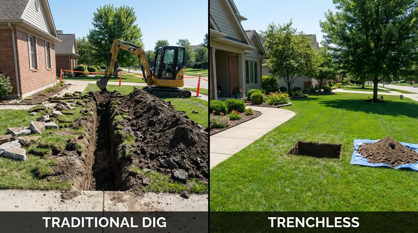 Trenchless sewer repair with minimal yard damage versus traditional excavation in Hitchcock, TX