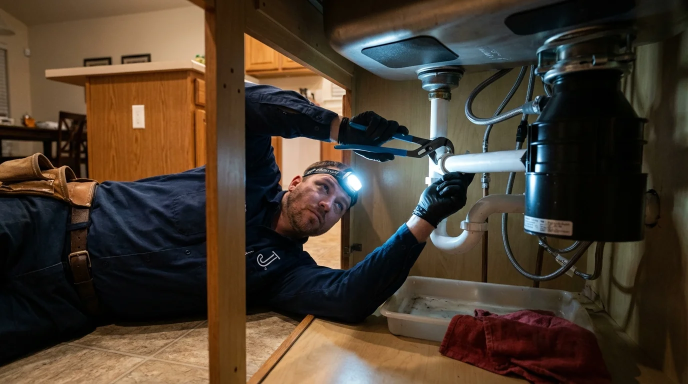 P-trap and supply line connections under a kitchen sink showing a common leak point in Hitchcock, TX